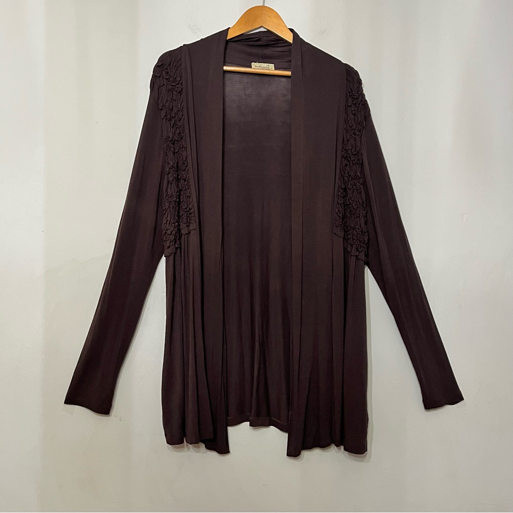 One World Open Cardigan Chocolate Brown Stretchy Gathered Fabric Large